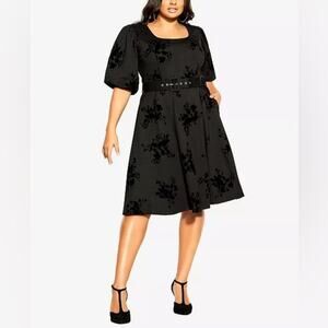 NWT CITY CHIC Wild Heart Black Fit & Flare Midi Floral Dress| Puff Sleeve | 18